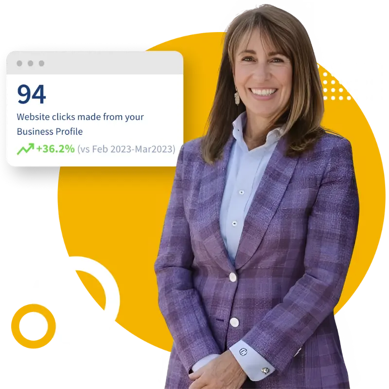 Cheryl Petteruti in plaid blazer standing in front of Google Business Profile results showing 94 website clicks from Google during the last two months