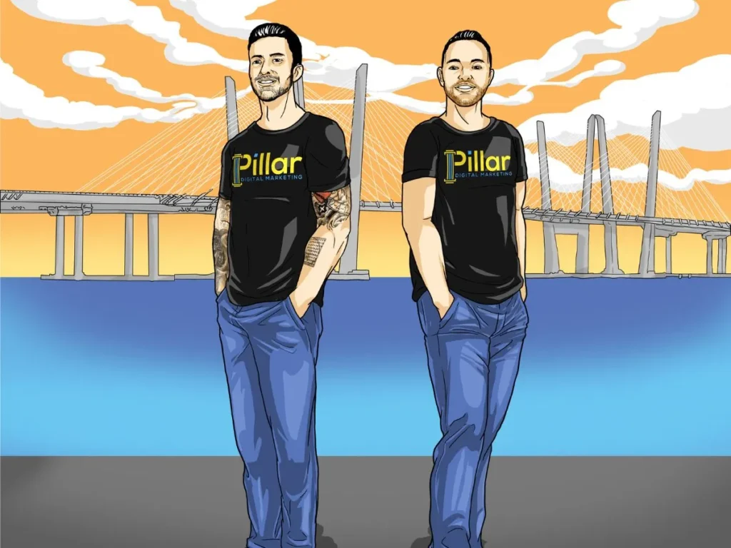 cartoon of our local marketing company owners Joe Darragh and Mark Congionti standing in front of Tappanzee Bridge