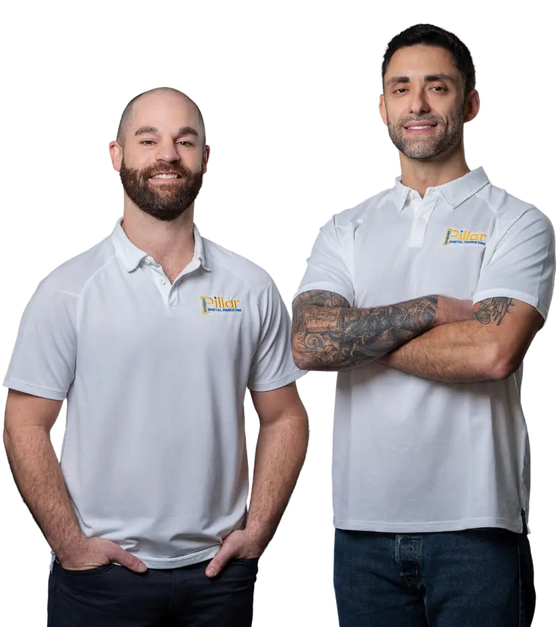 joe darragh and mark congionti in white pillar digital marketing agency tshirts specializing in local marketing services