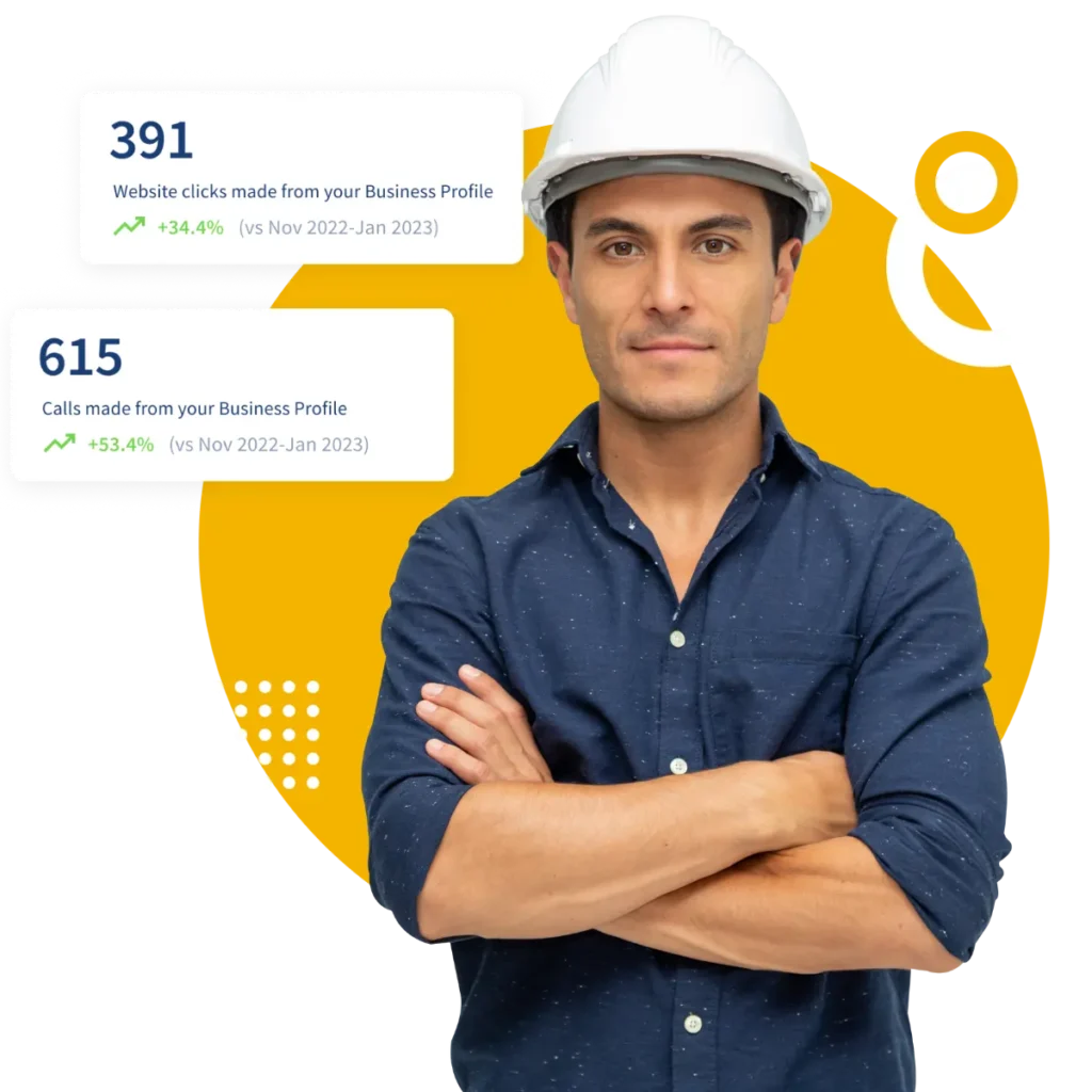 contractor with his arms crossed standing in front of orange circle