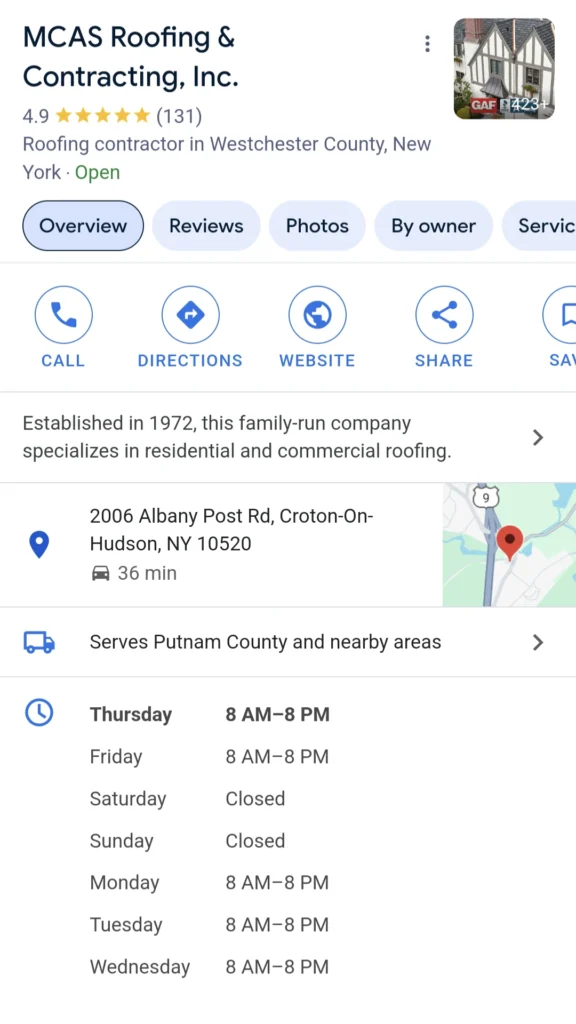 optimized google business profile for local roofer