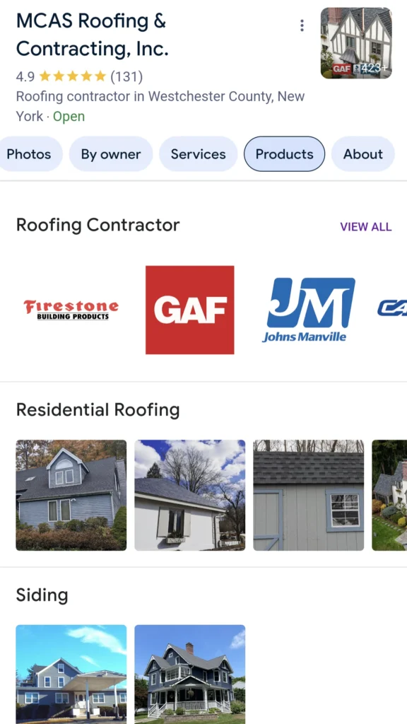 screenshot of google business profile products