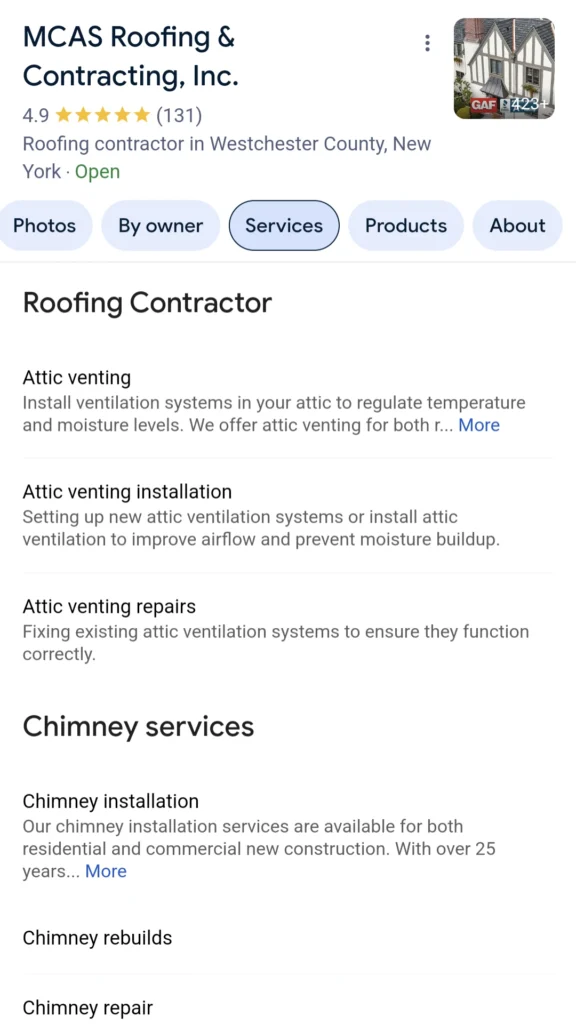 screenshot of google business profile services