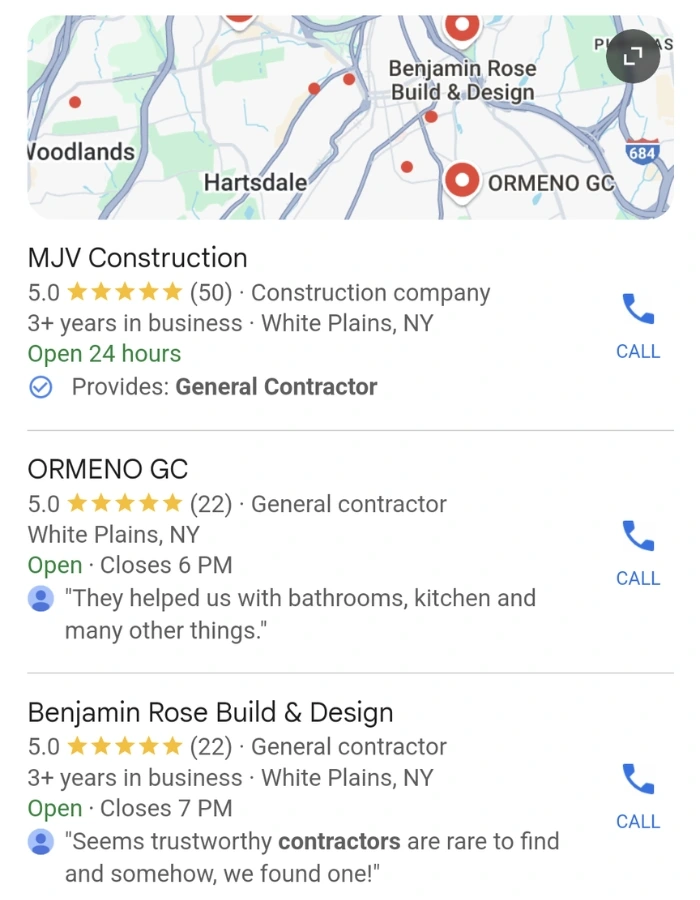 Google Maps SEO search results for general contractors near me